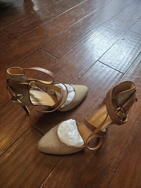 Nine West Tan Linen Pointed-Toe Ankle-Strap Heels